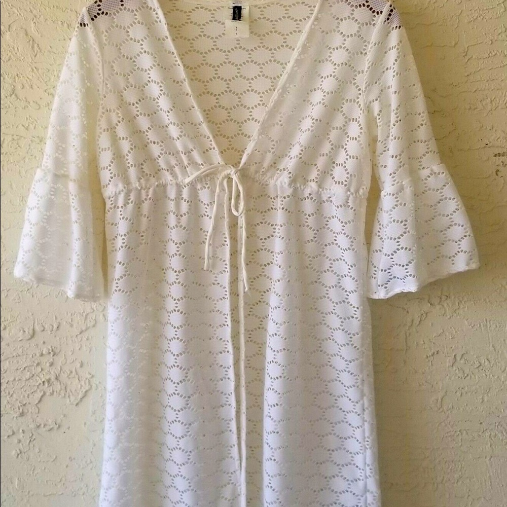-Jantzen white  tie waist crochet swim coverup -